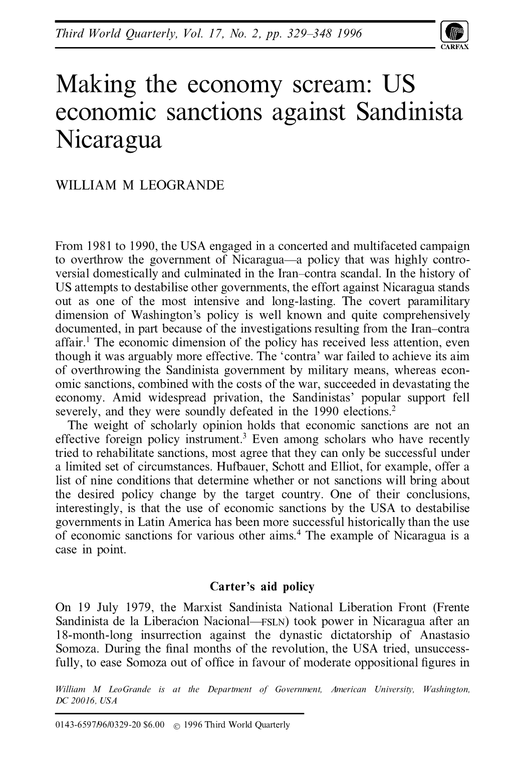 US Economic Sanctions Against Sandinista Nicaragua