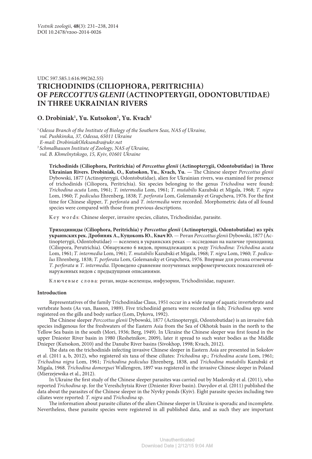 Trichodinids (Ciliophora, Peritrichia) of Perccottus Glenii (Actinopterygii, Odontobutidae) in Three Ukrainian Rivers