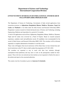 Announcement of India Science and Research