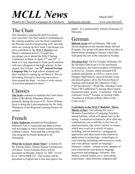 MCLL News March 2007 Modern & Classical Languages & Literatures Mcll@Mso.Umt.Edu
