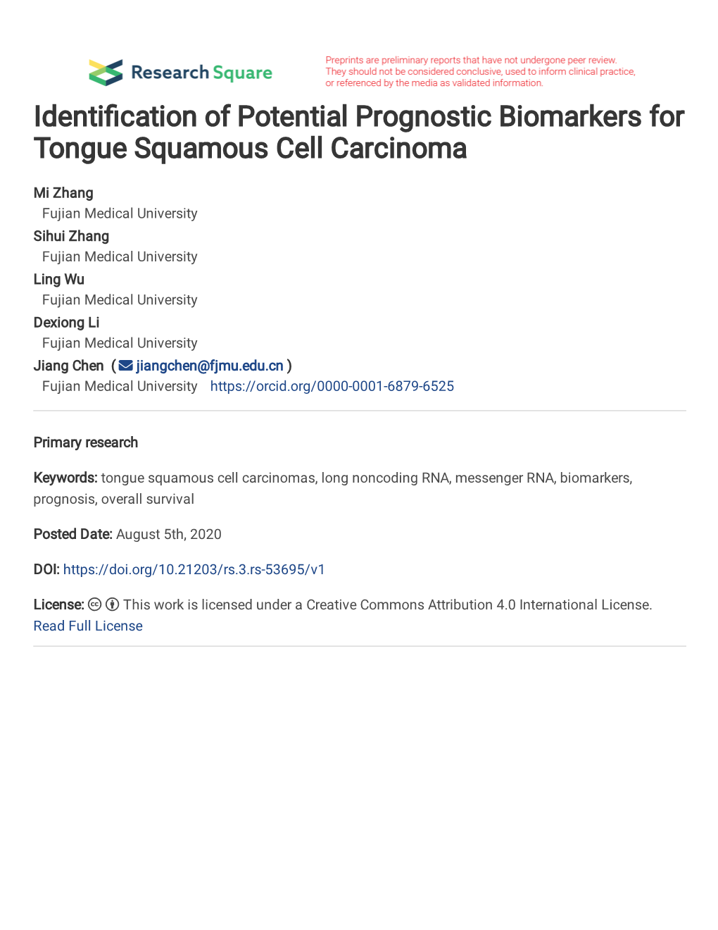 Identification of Potential Prognostic Biomarkers for Tongue Squamous Cell Carcinoma