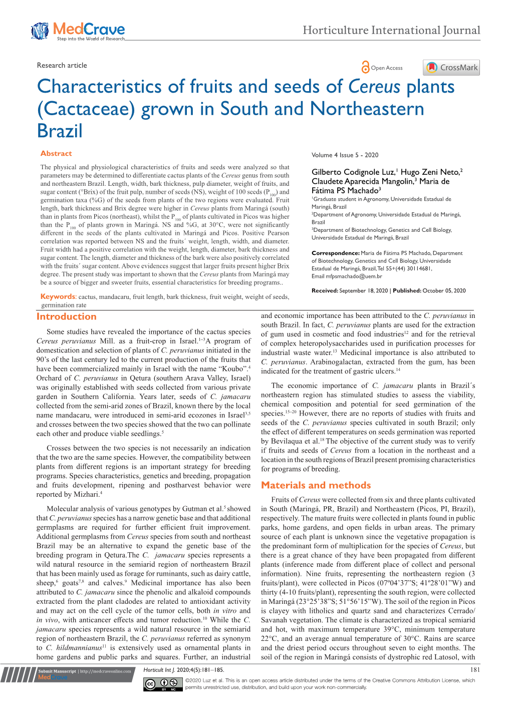 Characteristics of Fruits and Seeds of Cereus Plants (Cactaceae) Grown in South and Northeastern Brazil