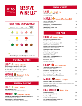 Reserve Wine List