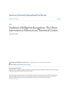Traditions of Belligerent Recognition: the Libyan Intervention in Historical and Theoretical Context Sam Foster Halabi