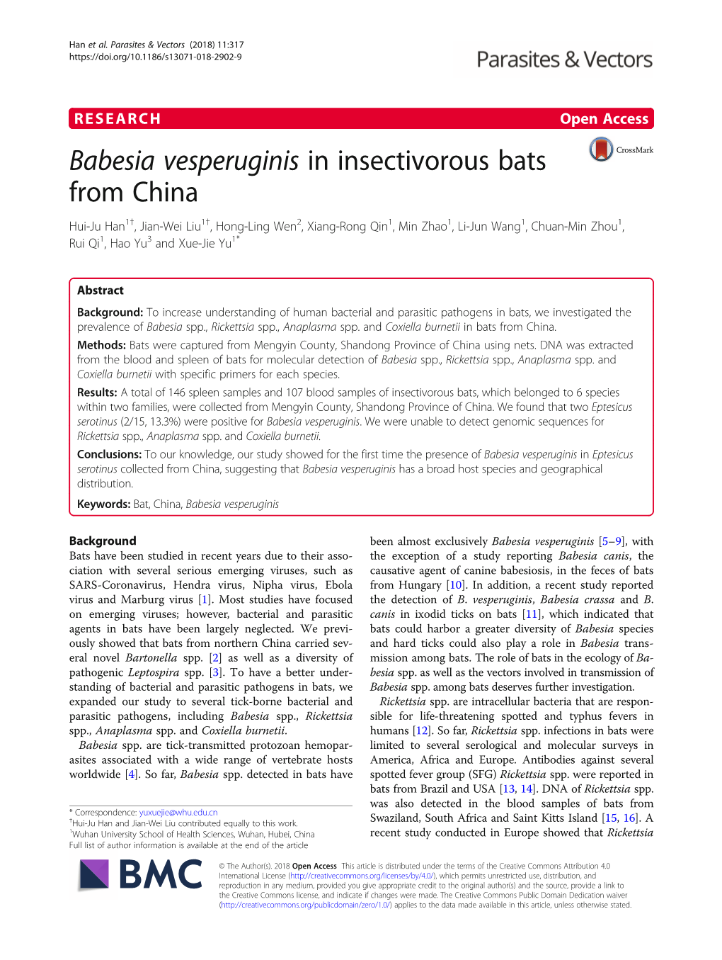 Babesia Vesperuginis in Insectivorous Bats from China