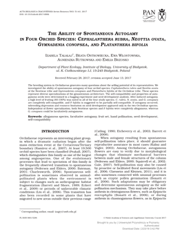 The Ability of Spontaneous Autogamy in Four Orchid Species: Cephalanthera Rubra, Neottia Ovata, Gymnadenia Conopsea, and Platanthera Bifolia