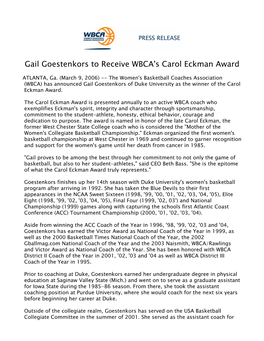 Gail Goestenkors to Receive WBCA's Carol Eckman Award 2005-06