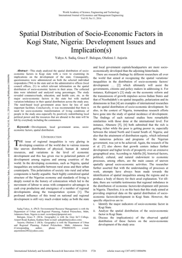 Spatial Distribution of Socio-Economic Factors in Kogi State, Nigeria: Development Issues and Implication(S) Yahya A