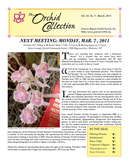 MONDAY, MAR. 7 , 2011 “Orchids 101” 6:00 P.M a Social “Hour” 7:00 - 7:15 P.M