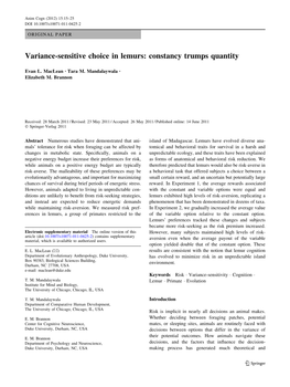 Variance-Sensitive Choice in Lemurs: Constancy Trumps Quantity