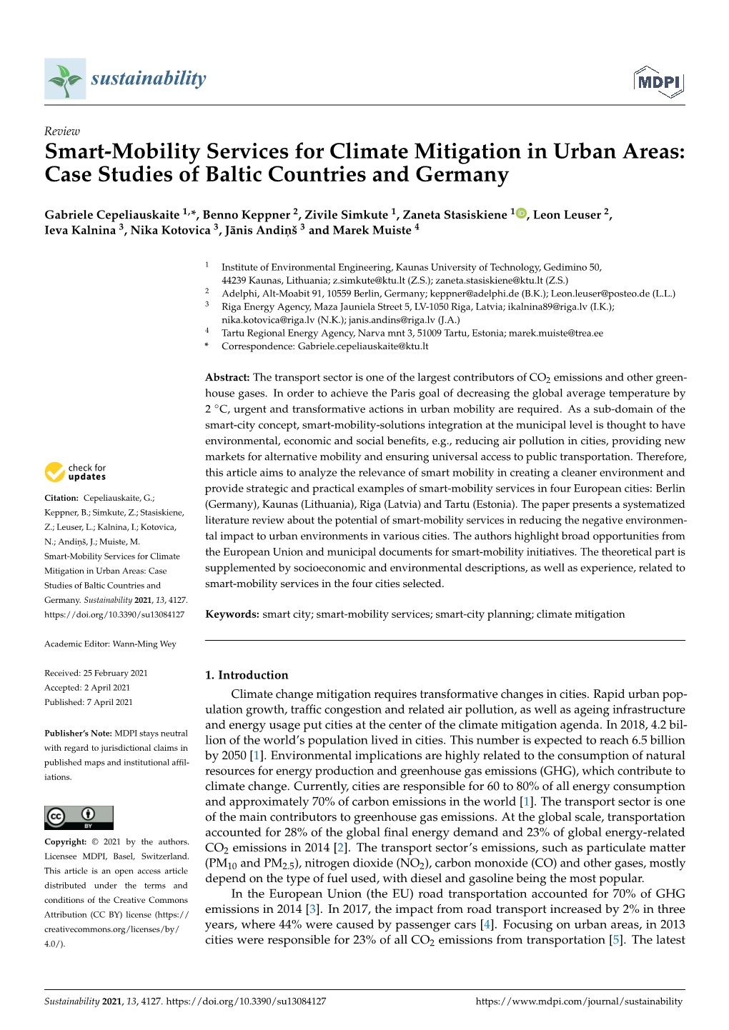 Smart-Mobility Services for Climate Mitigation in Urban Areas: Case Studies of Baltic Countries and Germany