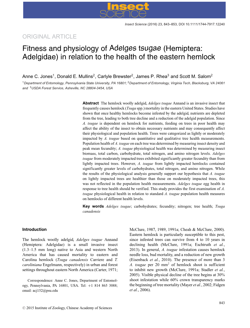 Fitness and Physiology of Adelges Tsugae (Hemiptera: Adelgidae) in Relation to the Health of the Eastern Hemlock