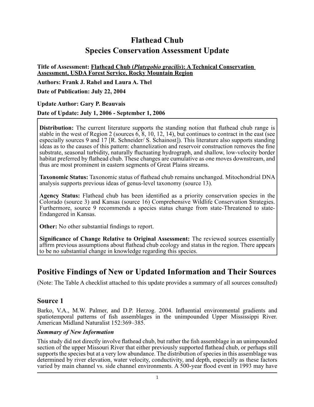 Flathead Chub Species Conservation Assessment Update