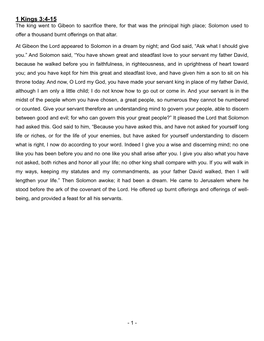 1 Kings 3:4-15 the King Went to Gibeon to Sacrifice There, for That Was the Principal High Place; Solomon Used to Offer a Thousand Burnt Offerings on That Altar