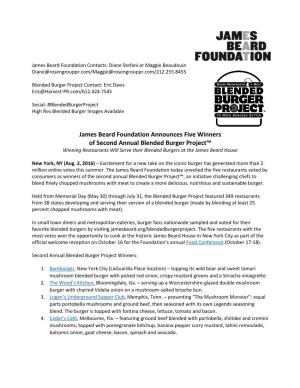 James Beard Foundation Announces Five Winners of Second Annual Blended Burger Project™ Winning Restaurants Will Serve Their Blended Burgers at the James Beard House