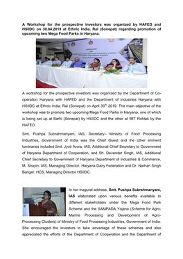 A Workshop for the Prospective Investors Was Organized by HAFED