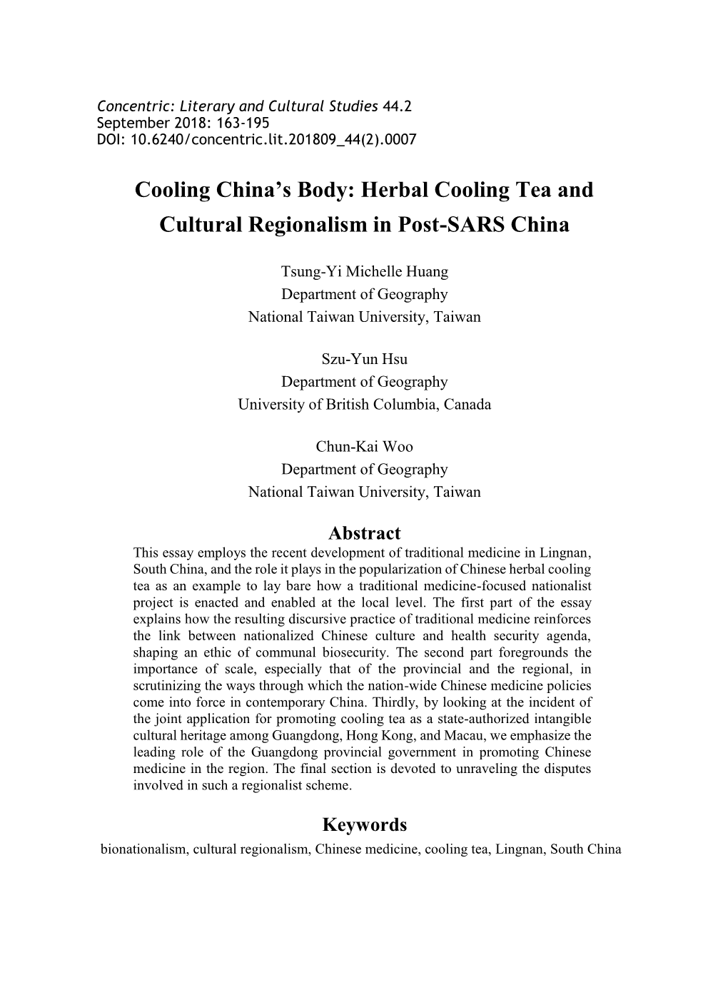Herbal Cooling Tea and Cultural Regionalism in Post-SARS China