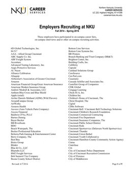 Employers Recruiting at NKU Fall 2014 – Spring 2016