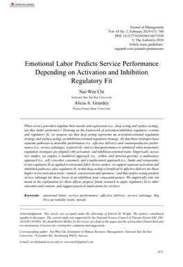 Emotional Labor Predicts Service Performance Depending on Activation and Inhibition Regulatory Fit