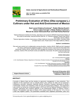 Preliminary Evaluation of Olive (Olea Europaea L.) Cultivars Under Hot and Arid Environment of Mexico