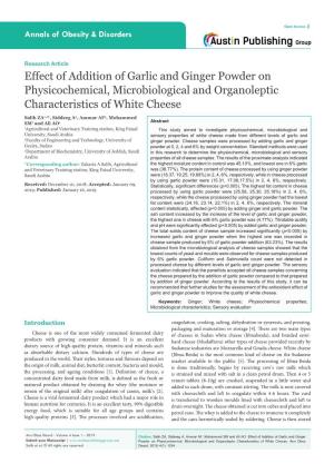 Effect of Addition of Garlic and Ginger Powder on Physicochemical, Microbiological and Organoleptic Characteristics of White Cheese