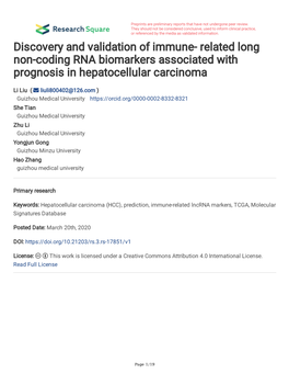 Discovery and Validation of Immune- Related Long Non-Coding RNA Biomarkers Associated with Prognosis in Hepatocellular Carcinoma