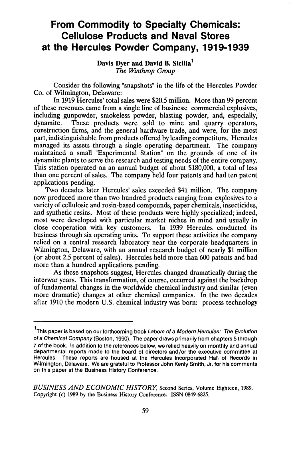 From Commodity to Specialty Chemicals: Cellulose Products and Naval Stores at the Hercules Powder Company, 1919-1939 Davisdyer and David B