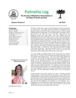 Palmetto Log the Society of Mayflower Descendants in the State of South Carolina