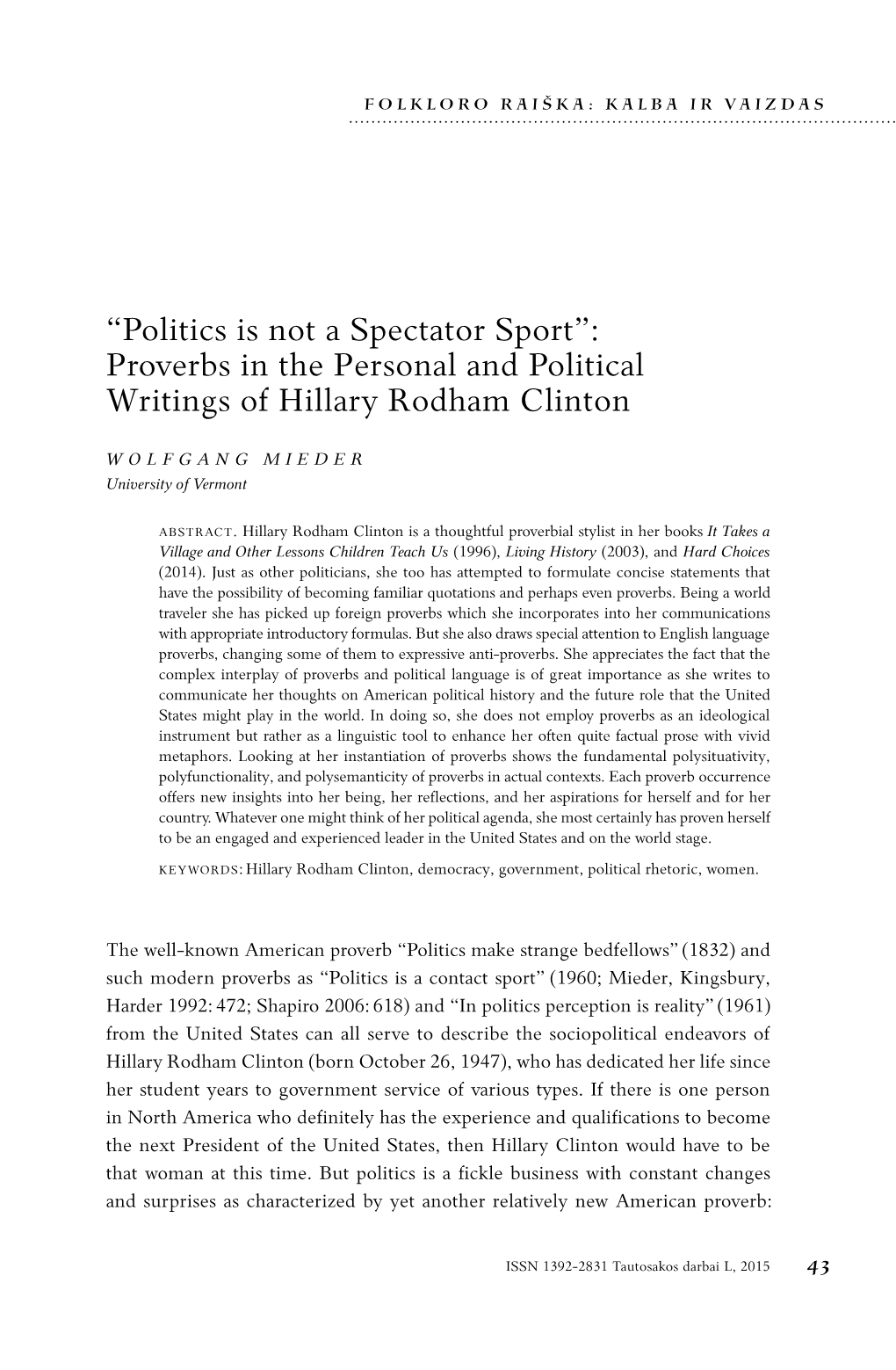 Proverbs in the Personal and Political Writings of Hillary Rodham Clinton