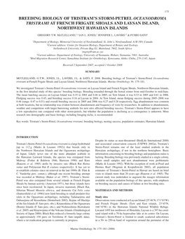 Breeding Biology of Tristram's Storm-Petrel Oceanodroma Tristrami at French Frigate Shoals and Laysan Island, Northwest Hawaii