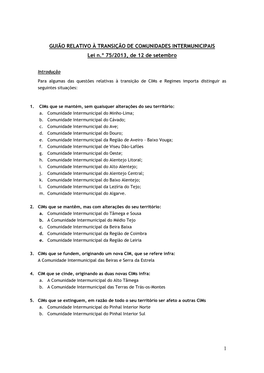 GUIÃO RELATIVO À TRANSIÇÃO DE COMUNIDADES INTERMUNICIPAIS Lei N.º 75/2013, De 12 De Setembro