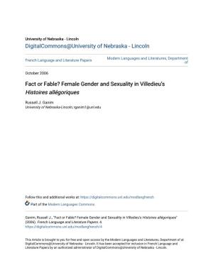 Fact Or Fable? Female Gender and Sexuality in Villedieu’S Histoires Allégoriques