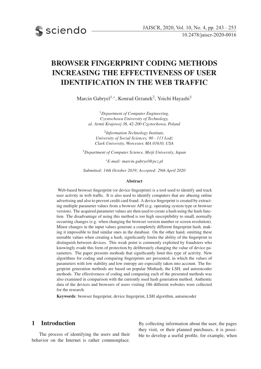 Browser Fingerprint Coding Methods Increasing the Effectiveness of User Identification in the Web Traffic