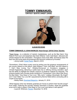 Tommy Emmanuel Critics’ Quote Sheet (2020)