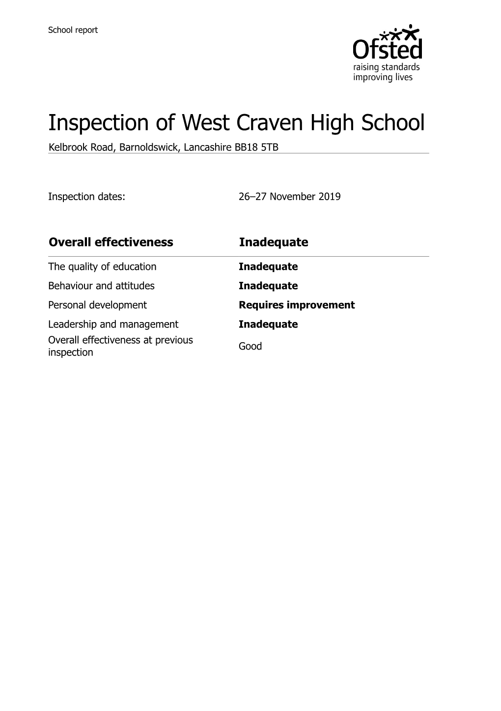 Inspection of West Craven High School Kelbrook Road, Barnoldswick, Lancashire BB18 5TB