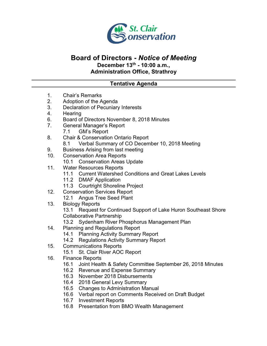 Board of Directors - Notice of Meeting December 13Th - 10:00 A.M., Administration Office, Strathroy