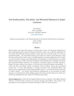 Anti-Intellectualism, Anti-Elitism, and Motivated Resistance to Expert Consensus