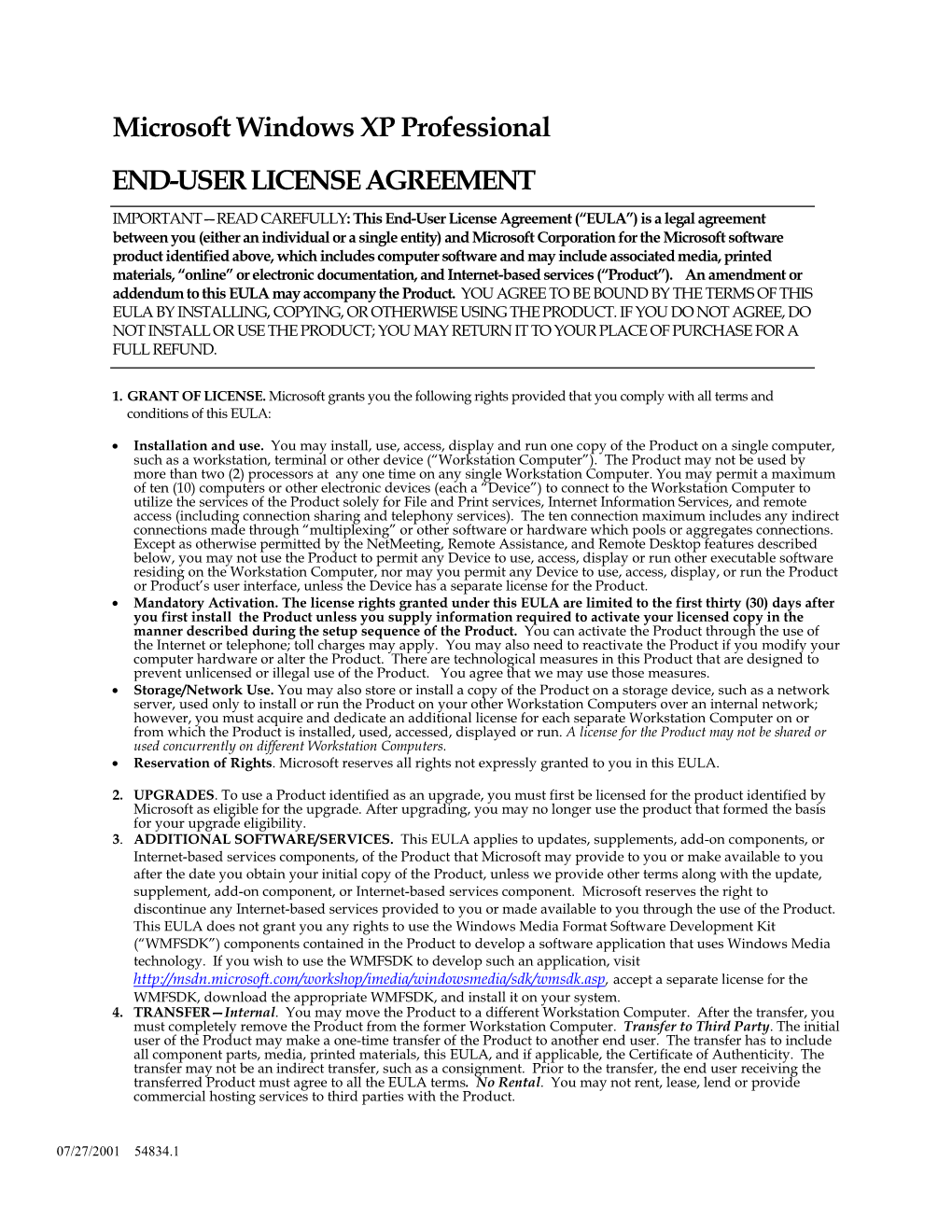 Microsoft Windows XP Professional END-USER LICENSE AGREEMENT