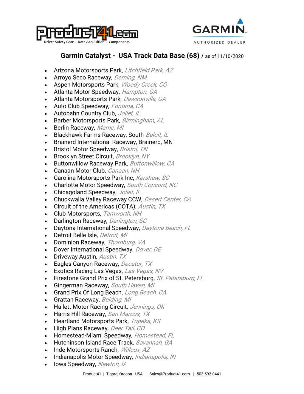 USA Track Data Base (68) / As of 11/10/2020