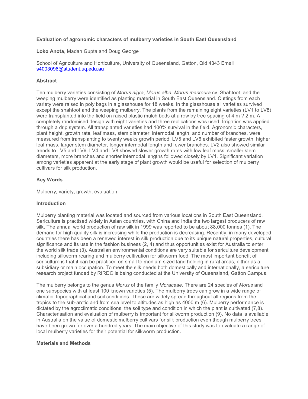 Evaluation of Agronomic Characters of Mulberry Varieties in South East Queensland