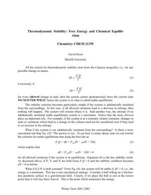 Thermodynamic Stability: Free Energy and Chemical Equilib- Rium