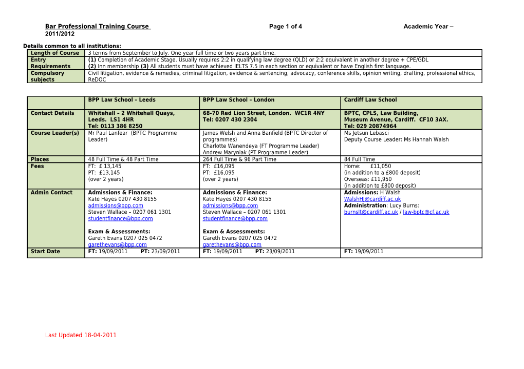 Bar Professional Training Course Page 1 of 3 Academic Year 2011/2012