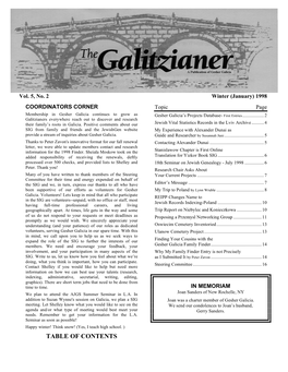 TABLE of CONTENTS the GALITZIANER Vol