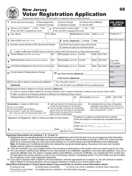 New Jersey 68 Voter Registration Application Please Print Clearly in Ink