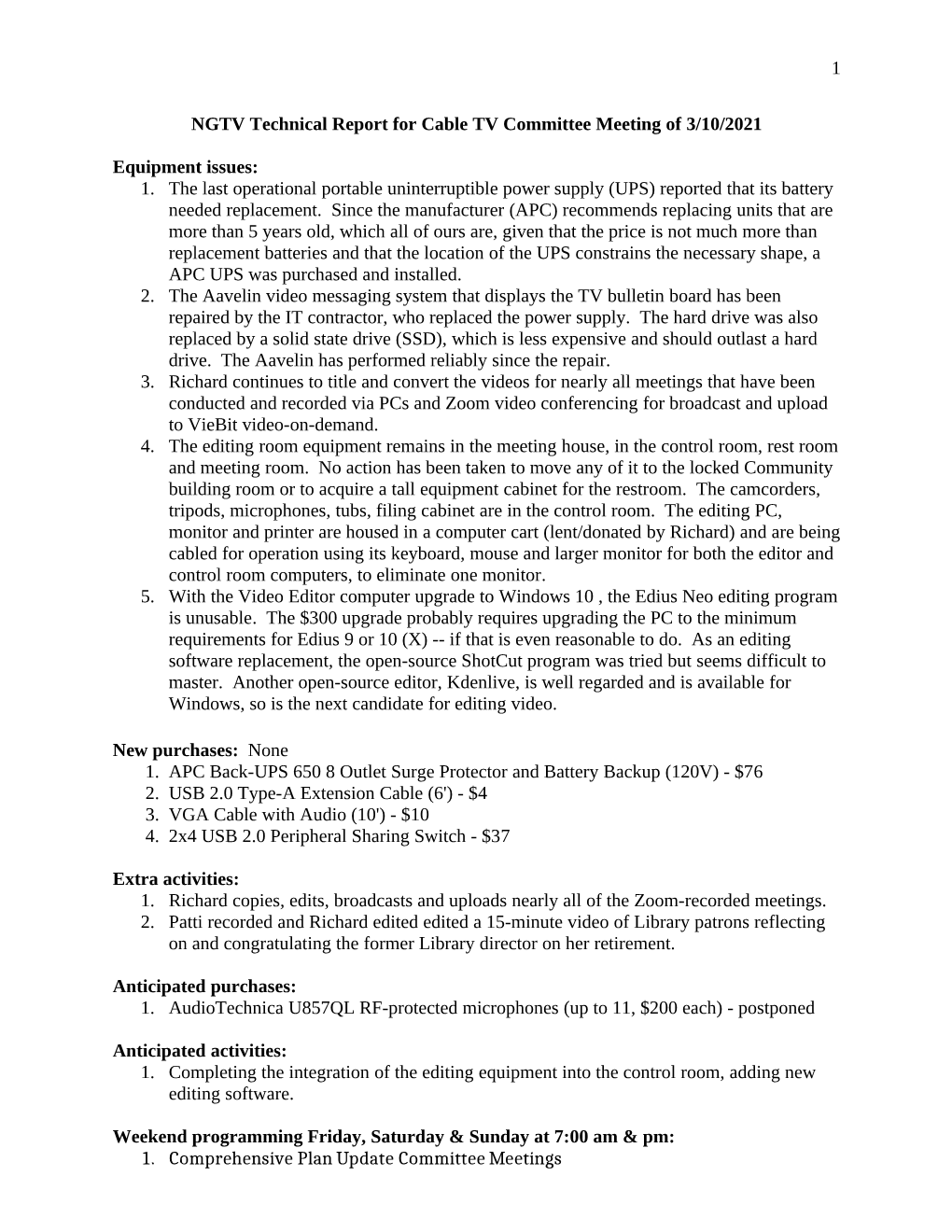 Technical Report for Cable TV Committee Meeting of 3/10/2021