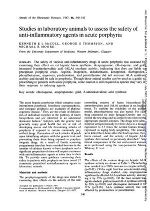 Studies in Laboratory Animals to Assess the Safety of Anti-Inflammatory Agents in Acute Porphyria