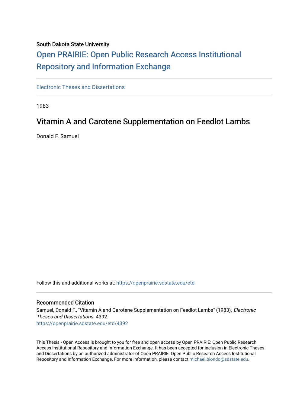 Vitamin a and Carotene Supplementation on Feedlot Lambs