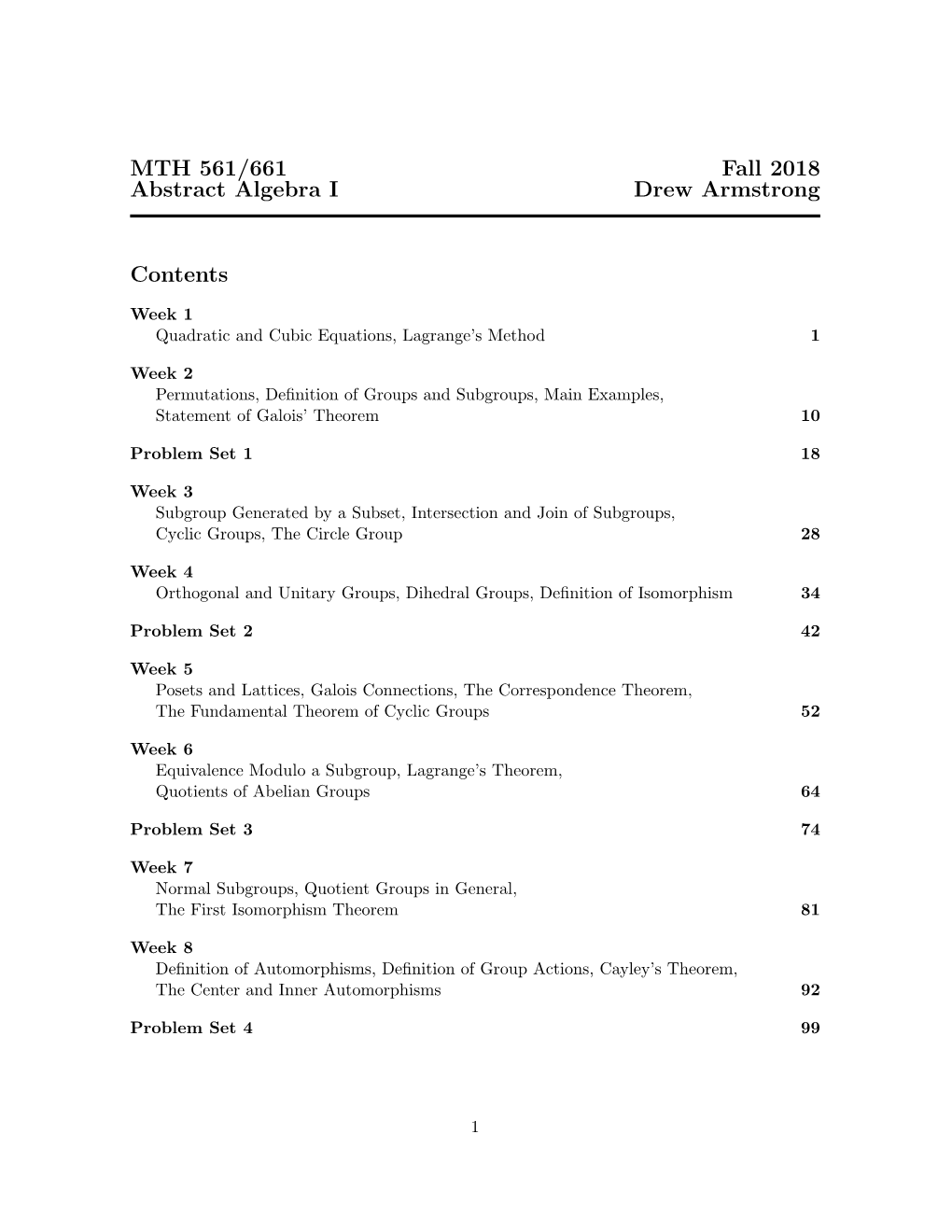 MTH 561/661 Fall 2018 Abstract Algebra I Drew Armstrong Contents