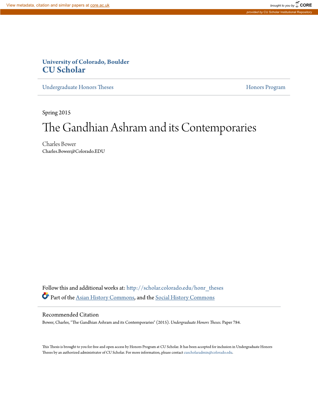 The Gandhian Ashram and Its Contemporaries: a Global Study of the Communal Reaction to Modernity Defense Copy