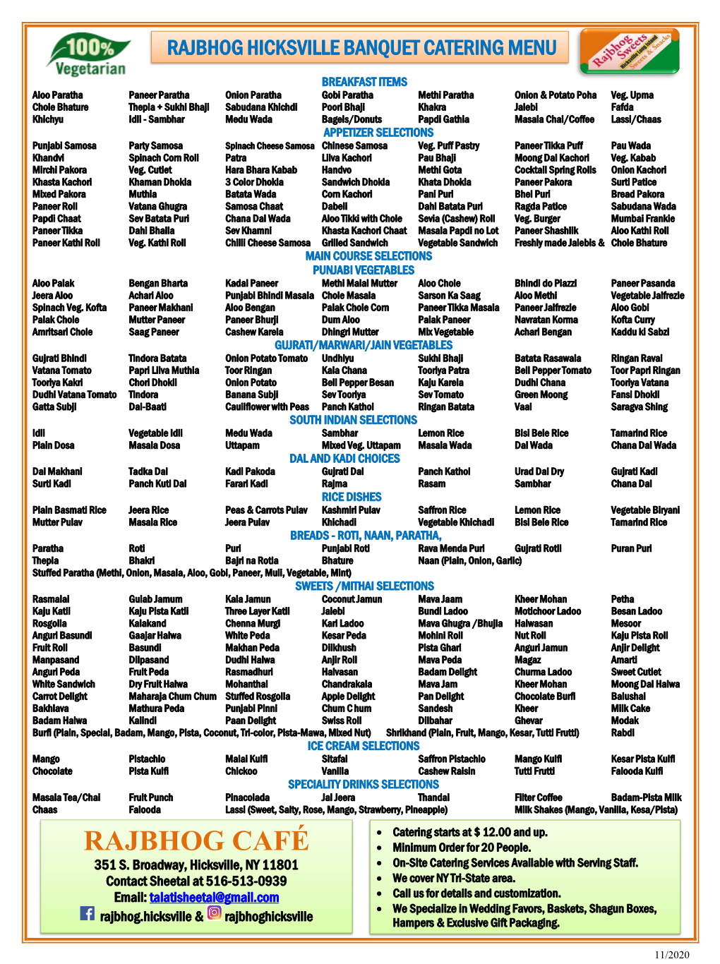 Rajbhog Hicksville Banquet Catering Menu